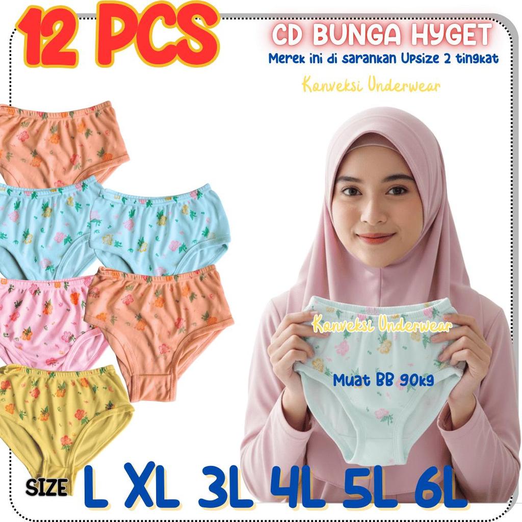 ISI 12 PCS CELANA DALAM WANITA MOTIF BUNGA HYGET BAHAN NYLON CD ANAK REMAJA WANITA CD HAID NIFAS