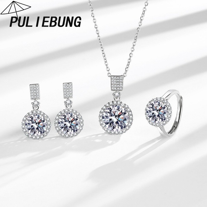 Set Tiga Bagian Mewah Zircon Putri Tas Bulat Anting Cincin Liontin