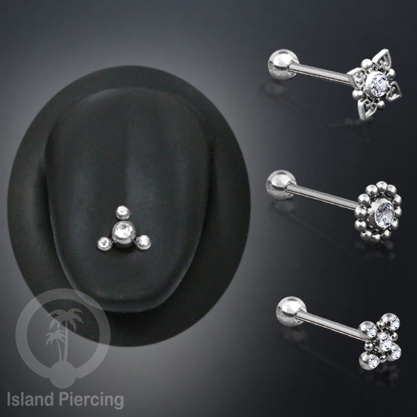 Anting tindik Lidah Stainless warna Silver dengan kristal zircon. Crystal Tongue Piercing