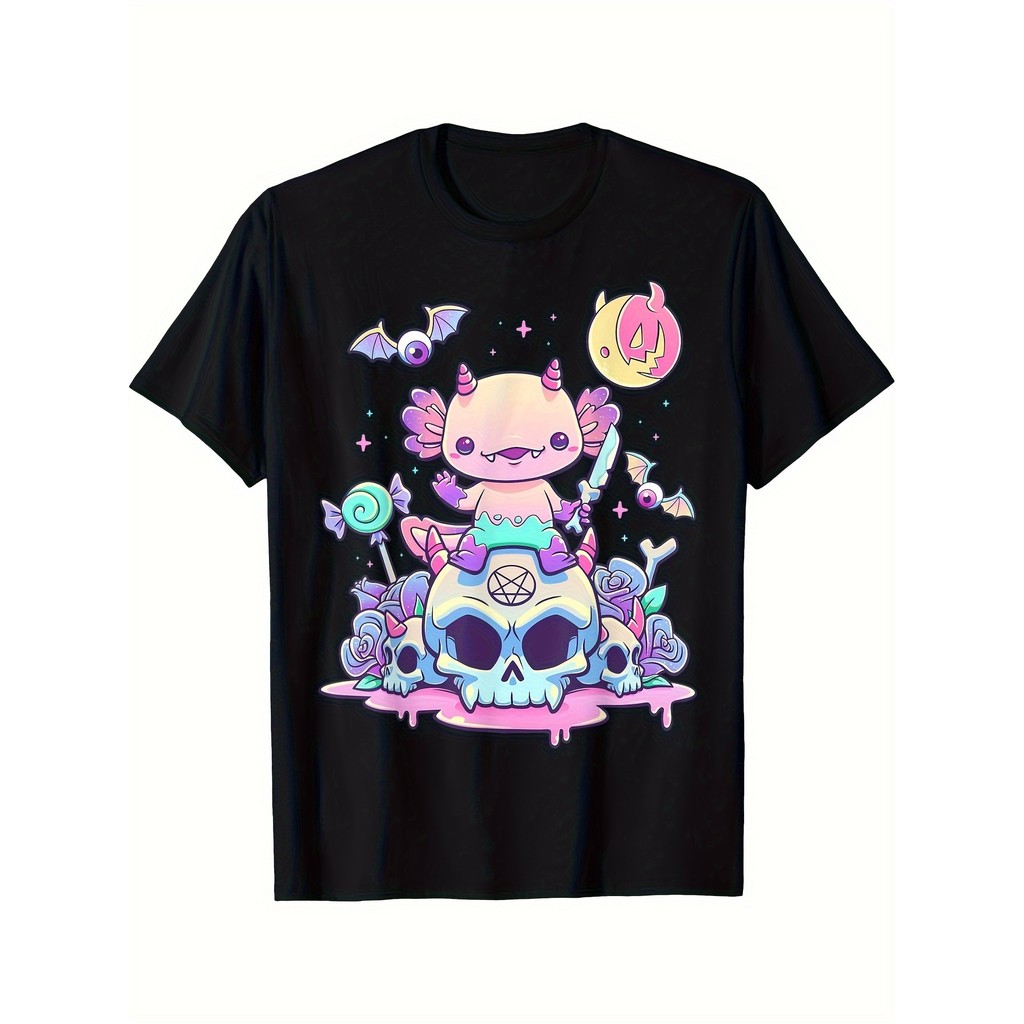 Kaos Katun Pria Gambar Salamander Gotik, Lengan Pendek, Nyaman Dipakai Sehari-hari, Ukuran Jumbo