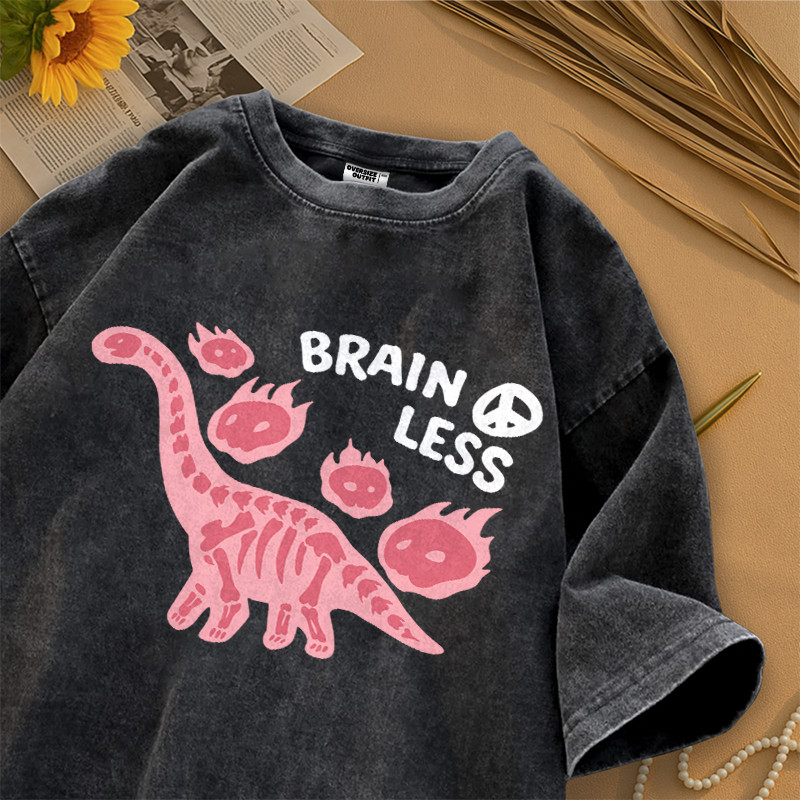 Hub Tshirt Kaos Lengan Pendek Warna Black Washed Oversize | Motif Dino Pink Brain Less | Bahan 100% 