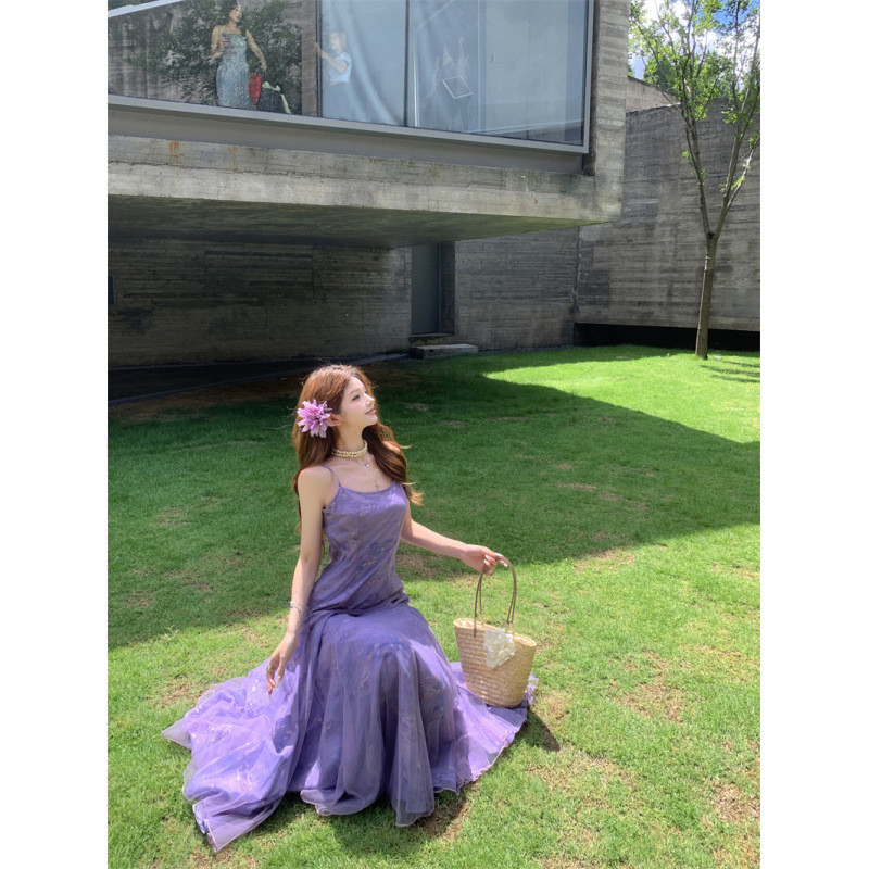 Gaun tali ikat gaya liburan cetak lukisan cat minyak ungu muda Monet