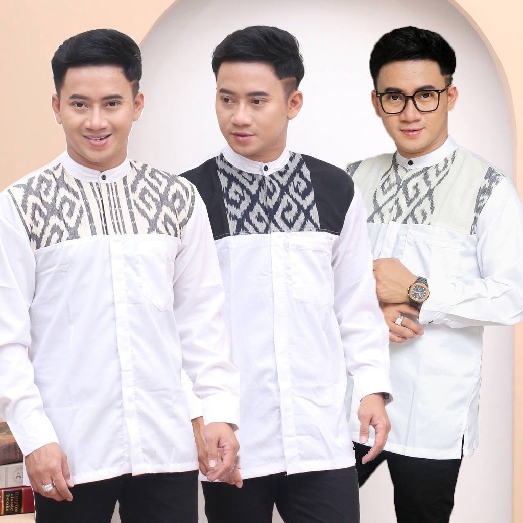 DISKON  KEMEJA KOKO LENGAN PANJANG PUTIH KOMBINASI TENUN // KEMEJA KOKO LEBARAN // KEMEJA KERJA KANT