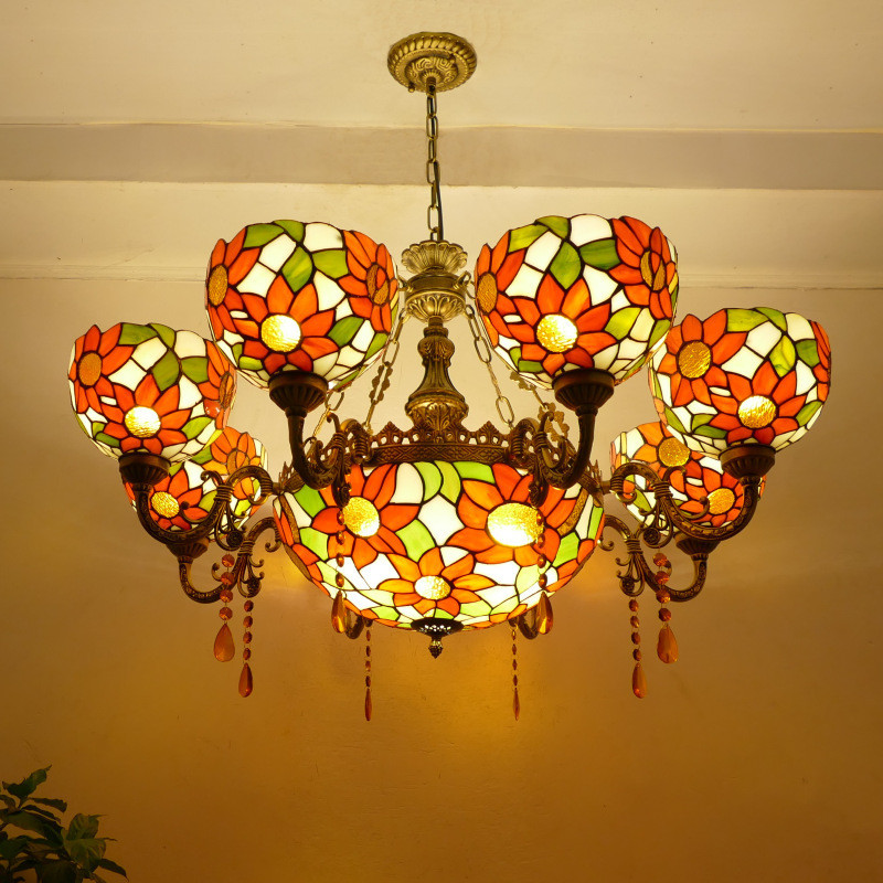 Lampu Gantung Vintage Sunflower Kaca Patri Mewah Lampu Langit Ceilling Light Ruang Tamu Kamar Tidur