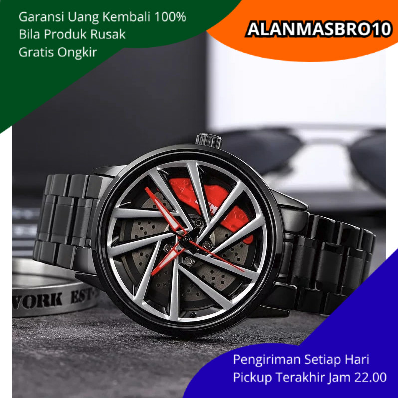 Jam Tangan Pria Analog Chronograph Desain Roda Mobil Berputar Unik Tahan Air Tampilan Mewah Maskulin