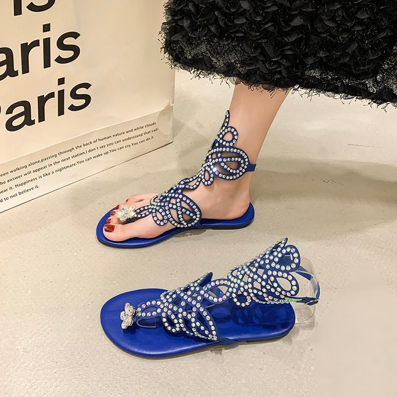 [COD]Sandal Romawi datar berhiaskan rhinestones untuk wanita, sandal jepit outdoor bermotif bunga un