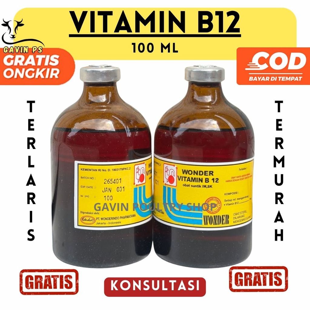 Wonder Vitamin B12 100 ML - Vitamin B.12 Anemia & Gangguan Pertumbuhan Hewan Ternak