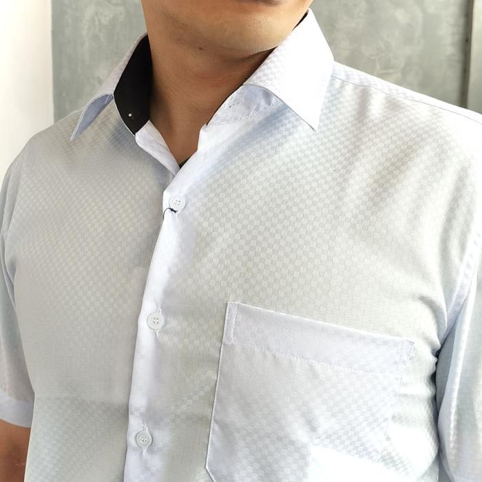 Salice Paolo Kemeja Pria Lengan Pendek Reguler Dobby Kombinasi Kerah Hitam - Dobby Duke, M