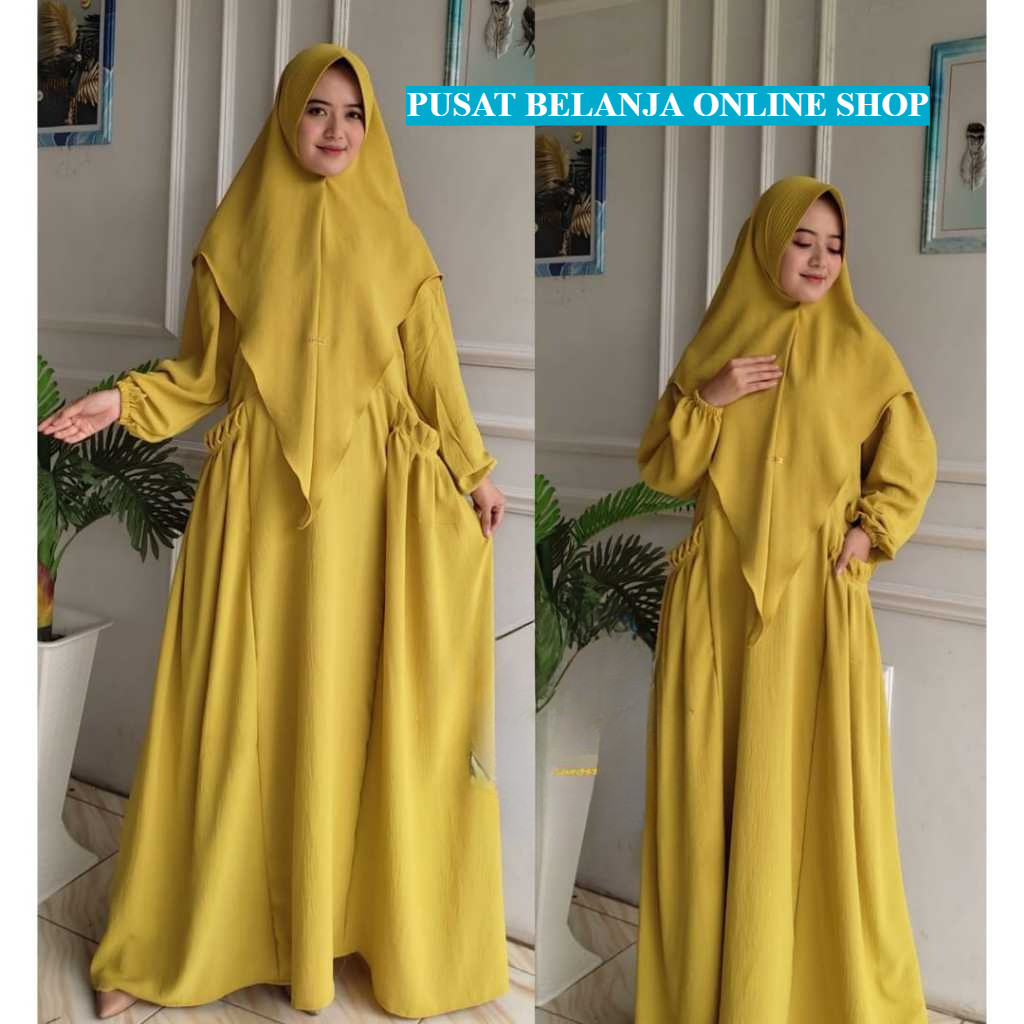 Baju Gamis Zahira Satu Set Syar'i Jumbo Hijab Pet Terbaru Elegan Crinkel Airflow Premium