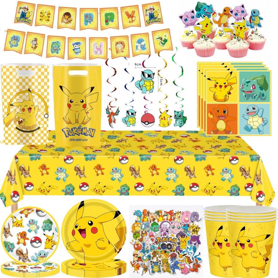 Pokemon Party Supplies Full Set Party Decoration Pikau Tableware Tablecloth Plate Cup Napkin Baby Sh