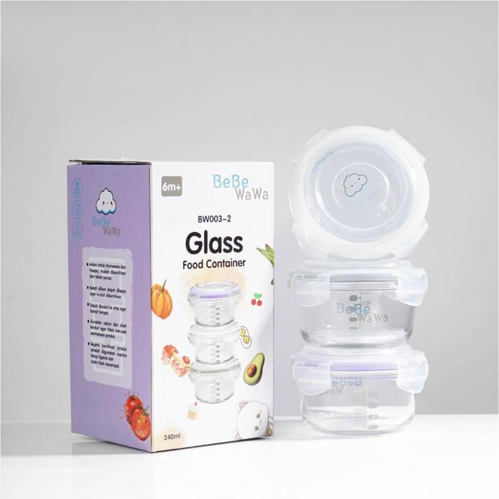 BeBeWaWa 3pcs 240ml Baby Glass Food Container BW003-2 / Glass Storage MPasi + penutup BPA FREE / Man