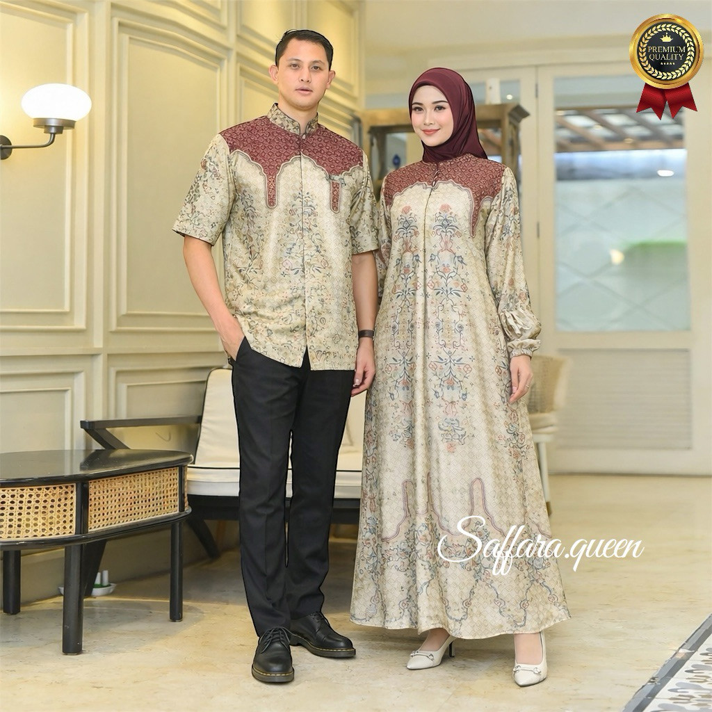 Baju Lebaran Baju Couple Pasangan Kondangan Gamis Kemeja Silk Motif Sabrina Couple Lebaran 2026 Coup