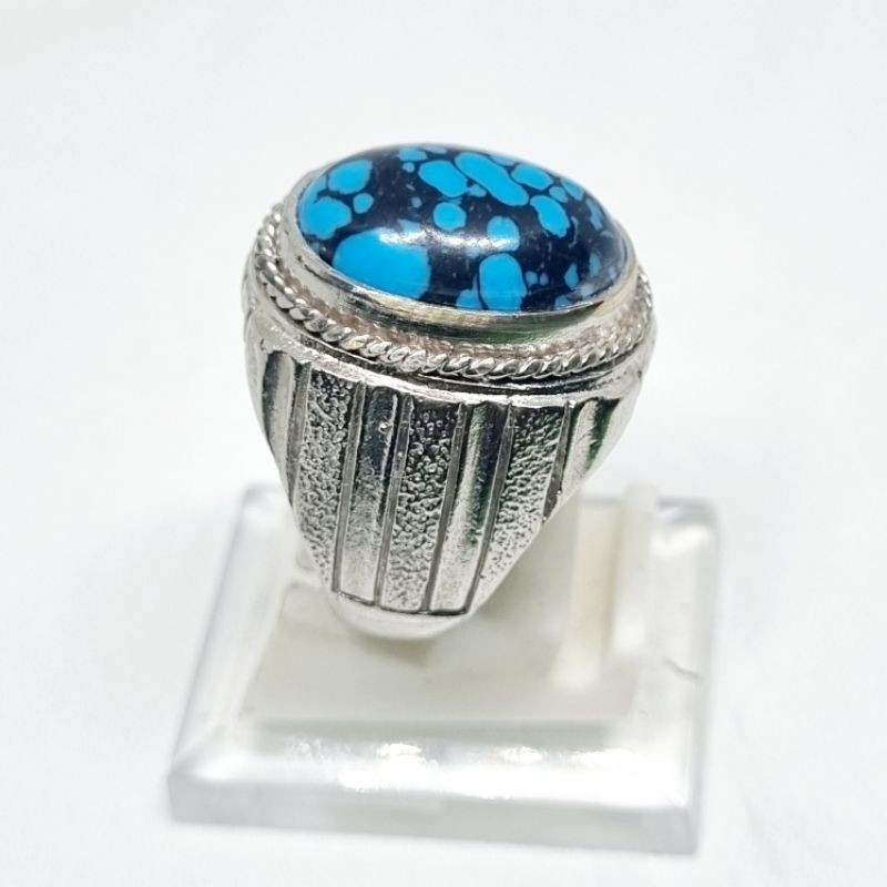 cincin pirus blue fancy urat hitam / batu akik pirus persia biru / pirus mesir ceplok kuro