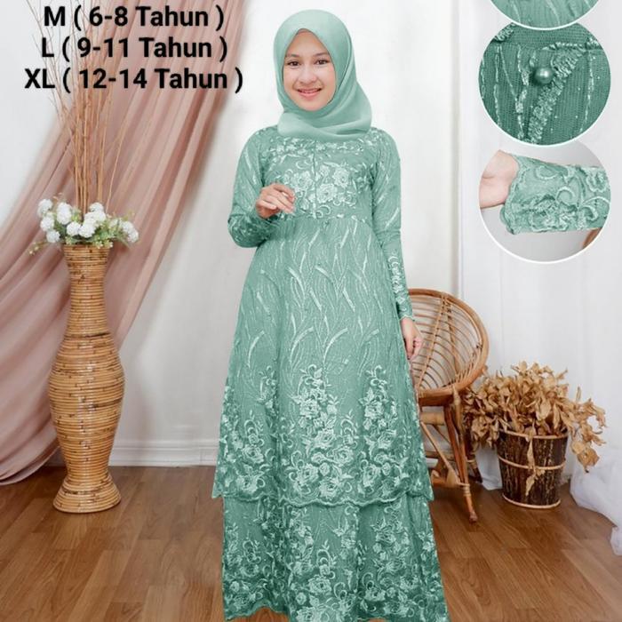 Alf-Gamis Anak Perempuan  Dan Remaja Model Dress Susun Brokat Tearu-Maxi Devira Kids-Bahan Full Brok