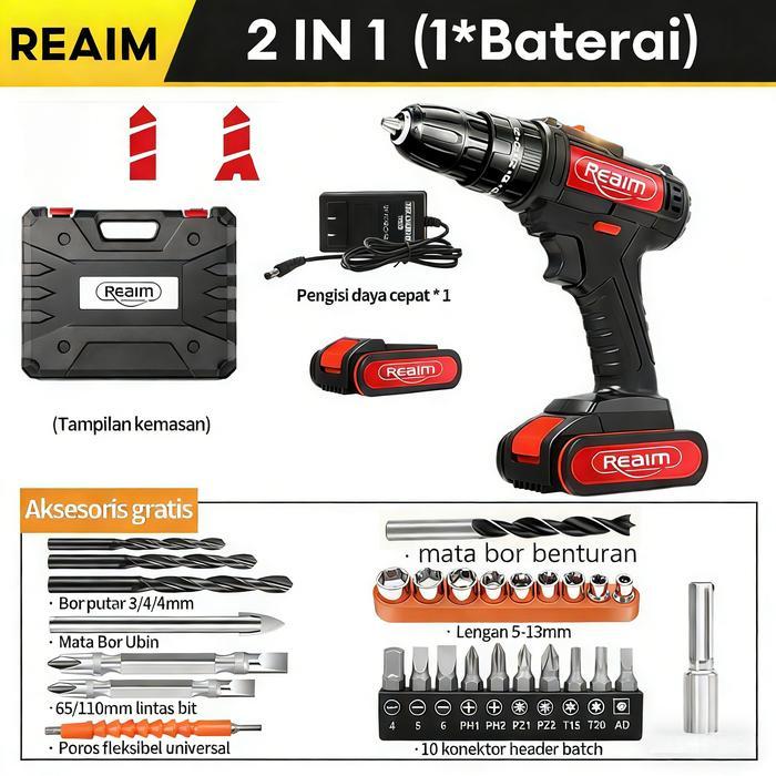 Reaim Bor Listrik Bor Listrik Set Lengkap Impact Baterai Bor Impact Baterai Mesin Bor Listrik Bor Im