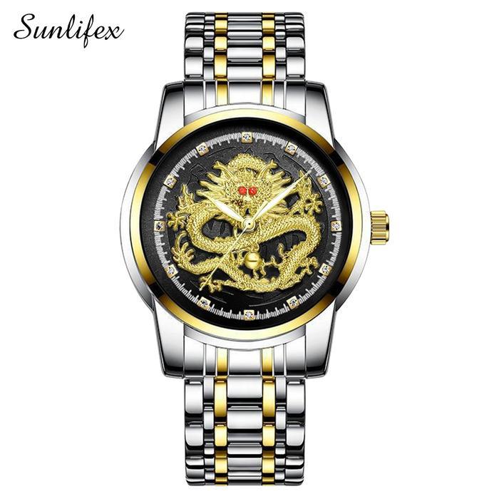 Sunlifex Jam Tangan Pria Naga Emas Stainless Steel Quartz Original Dragon Gold Kuning Jam Tangan Cow