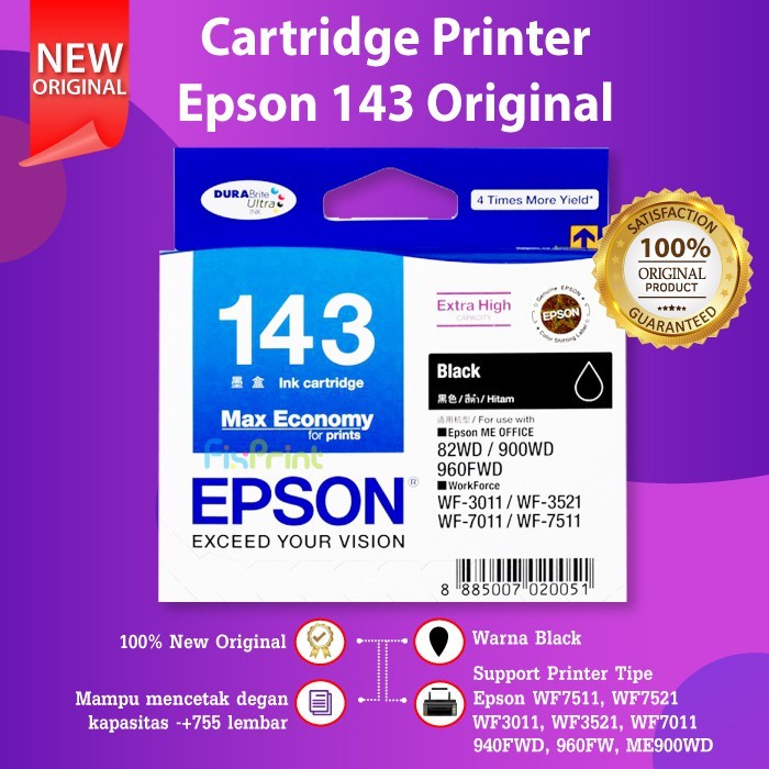 Cartridge Tinta Epson 143 T143 Original Printer WF-7511 WF7011 WF-3521 WF7511 WF3521 ME-900WD 960FWD