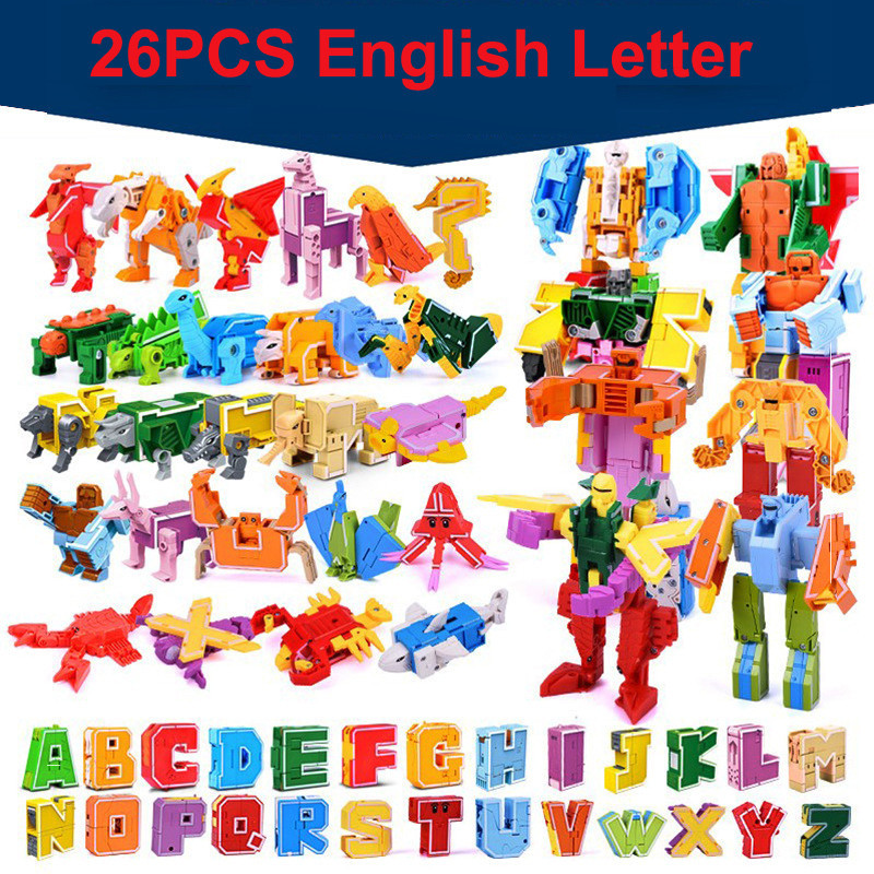 26 GUDI English Letter Alphabet Transformation Robot Dinosaur Deformation Animal Action Figure Learn