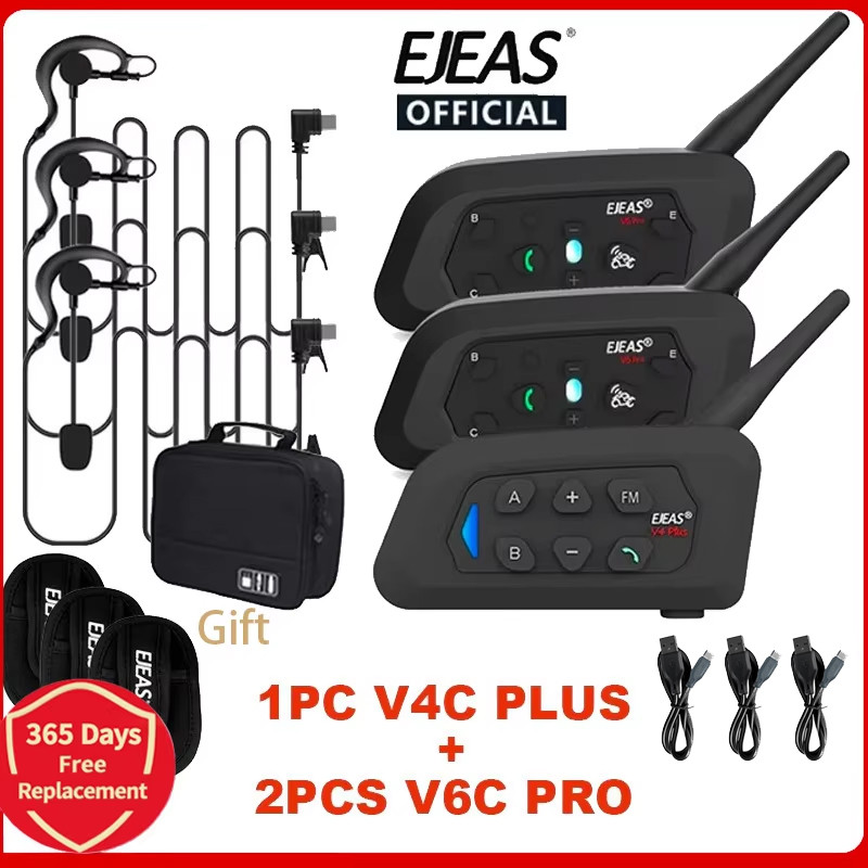 EJEAS V4C PLUS+2PCS V6C PRO 1200M Full Duplex Bluetooth Headset Football Conference Intercom 3 User 