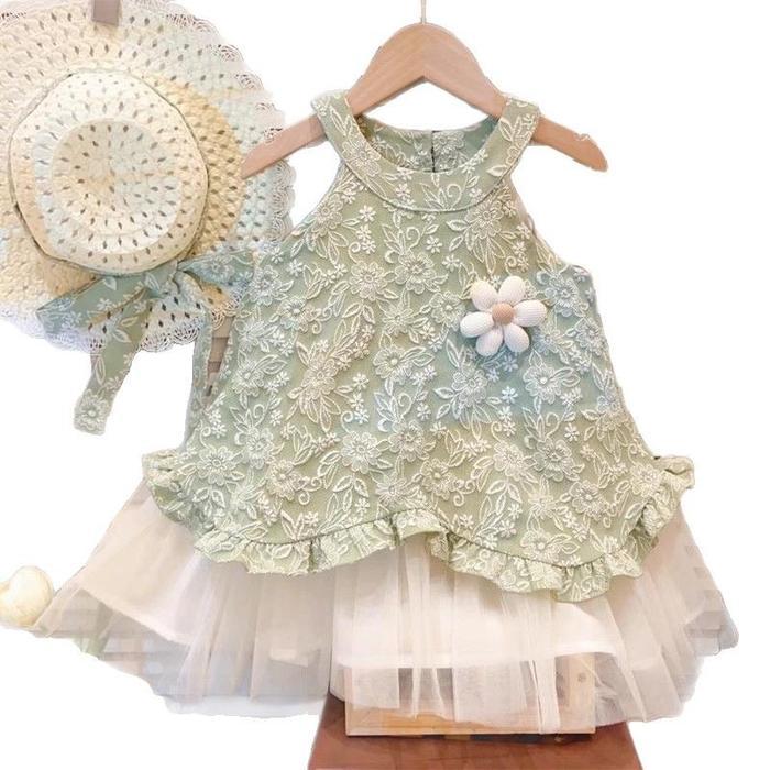 RYUTA dress pantai topi anak perempuan 1-10 tahun / dress brukat  anak - dress brukat+topi, 90