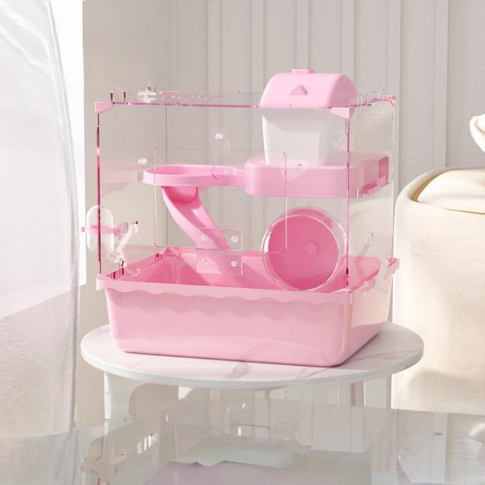 Kandang Hamster Akrilik Transparan - Kandang Hamster 2 Tingkat Lengkap - Pink