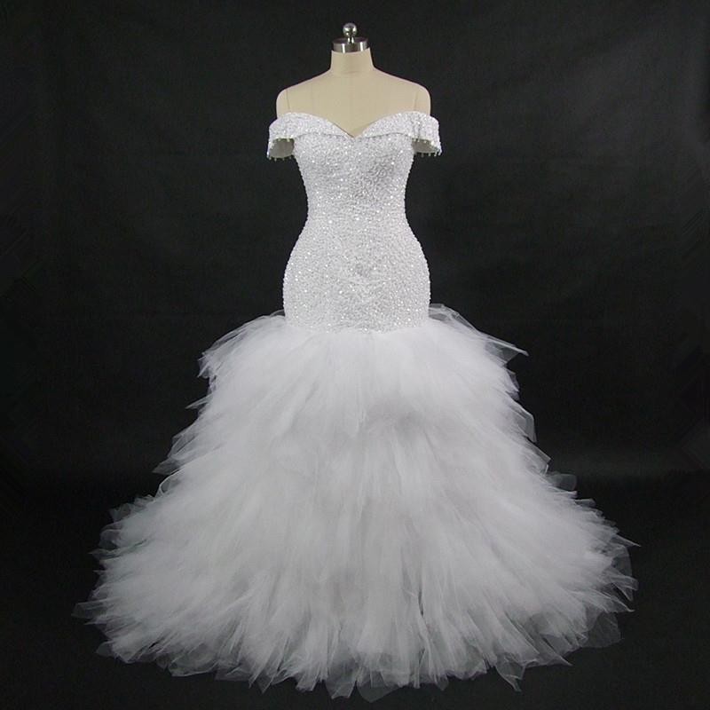 Warna Putih Kristal Gaun Pengantin Mermaid Duyung Gaun Pesta Slim Sabrina