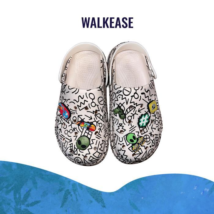 WalkEase Sandal Pria Wanita White  Aliens Clog Import Anti Slip Karet Ruer Sol 4 cm Sendal Lucu Ring