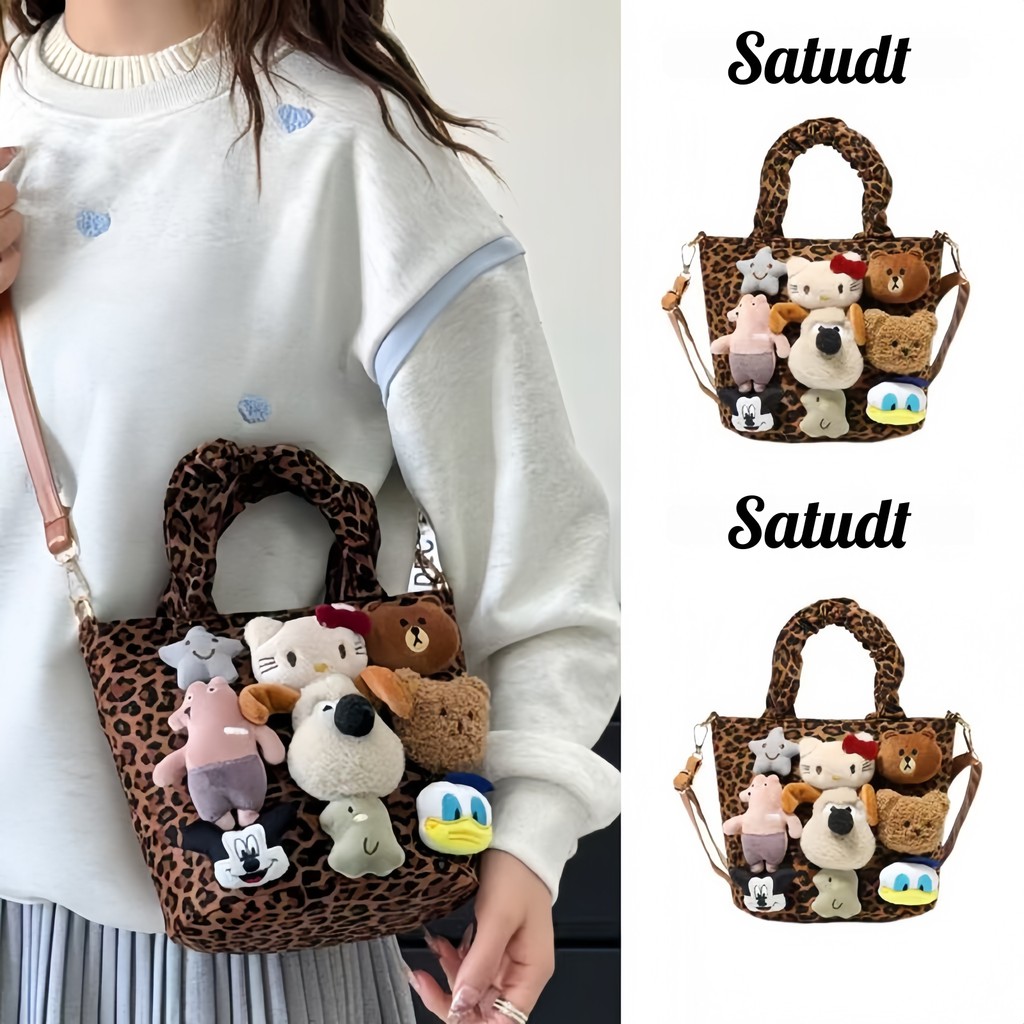 Tas Selempang Kanvas Boneka/Tas Boneka Lucu Ins Lembut Buat Cewek/Tas Selempang Wanita Leopard Karak