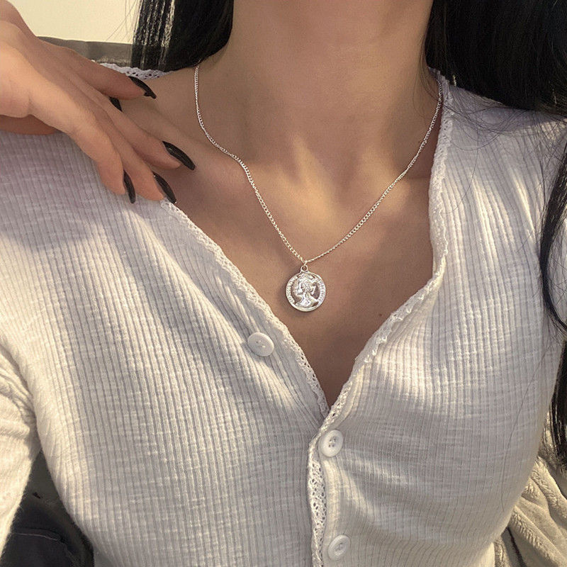 Kalung koin retro stainless steel untuk pria dan wanita, kalung koin tipis, rantai, stainless steel,