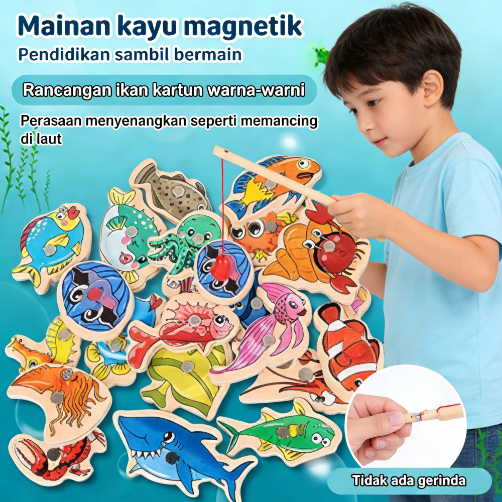Anak 15/30 Buah Mainan Ikan Kayu Pendidikan Memancing Magnetik