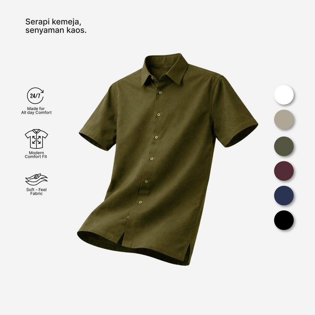 Kemeja Pria Lengan Pendek Larusso Ivy Green Katun Knit Premium - On Repeat Basic Full Button