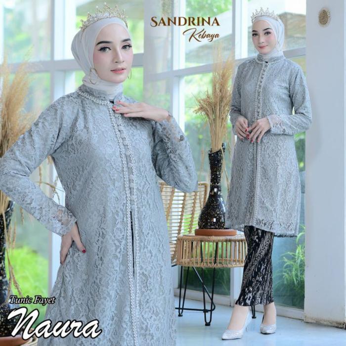 SETELAN KEBAYA PESTA WANITA TUNIK BROKAT PAYET MUTIARA NAURA M-XXL - SET SILVER, M