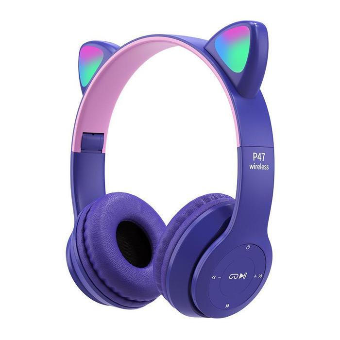 Ze IdComp Headphone Bluetooth P47M Gaming Wireless Earphone Kucing dengan Lampu LED RGB Headset Pons