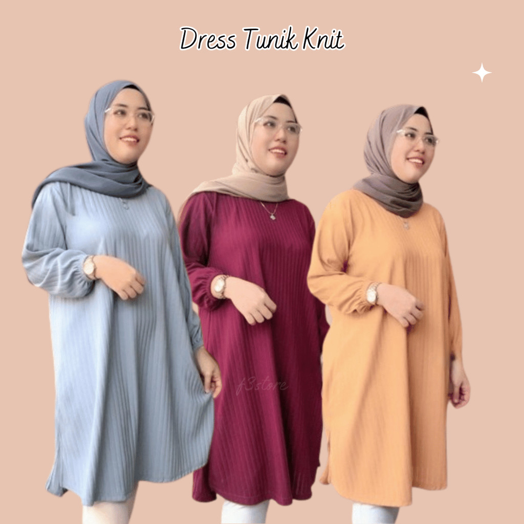 Tunik Knit Hornet Polos Dres Wanita Ld 120 Lengan Karet Melar Midi Dres Muslim Panjang Atasan Kekini