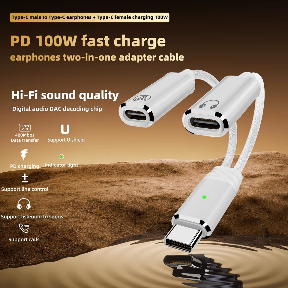 Dual USB C Headphone & Charger Adapter Splitter Fast Charging 2-in-1 Type C to USB-C Audio Adapter