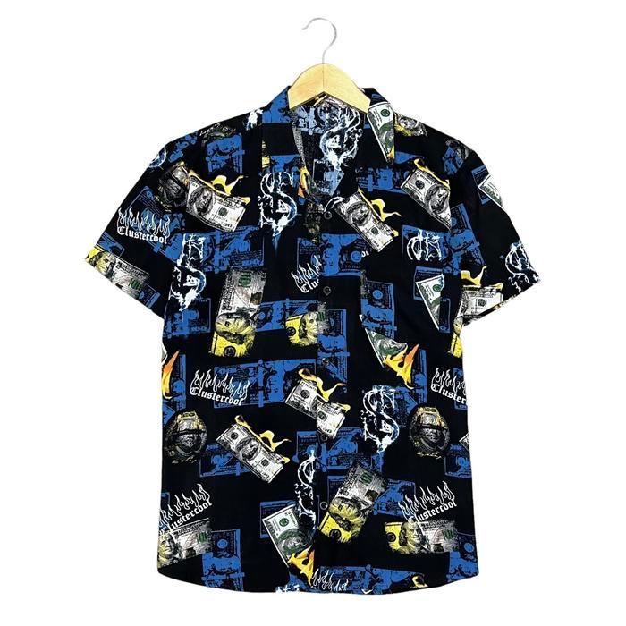 (MARVELL MART) Baju Kemeja Pria Hawai Pantai Cowok Motif Kekinian Katun Dewasa Santai V-Neck Casual 