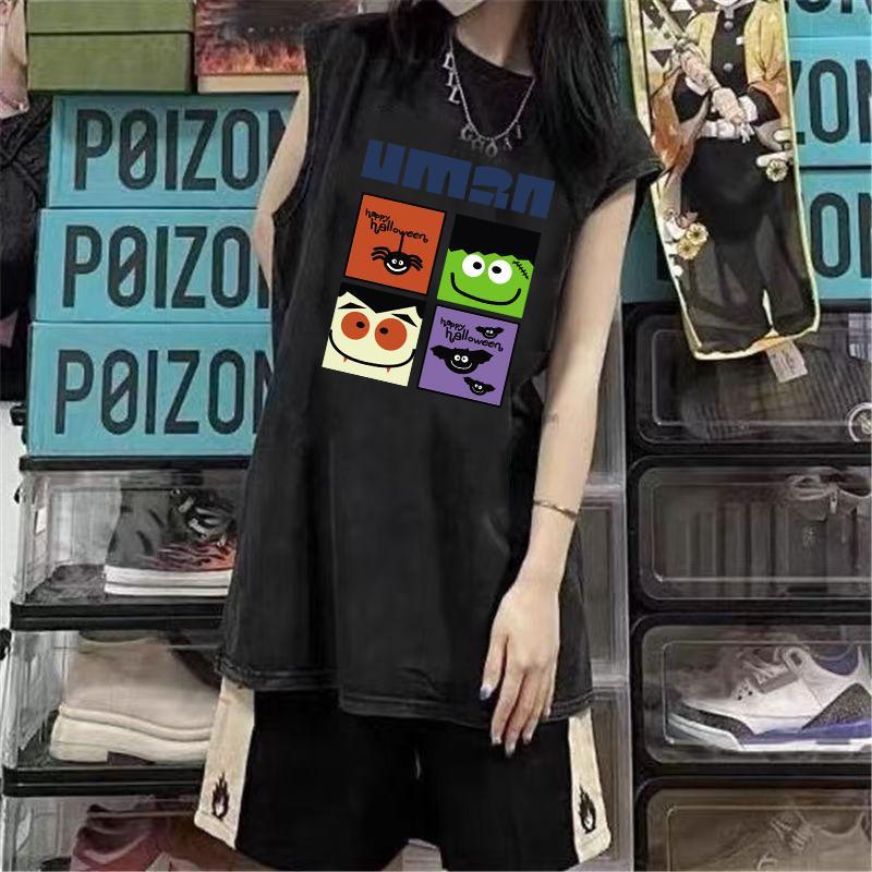 Kaos tanpa lengan bergaya Korea dengan efek usang dan pudar, unisex, cocok untuk musim semi dan gugu