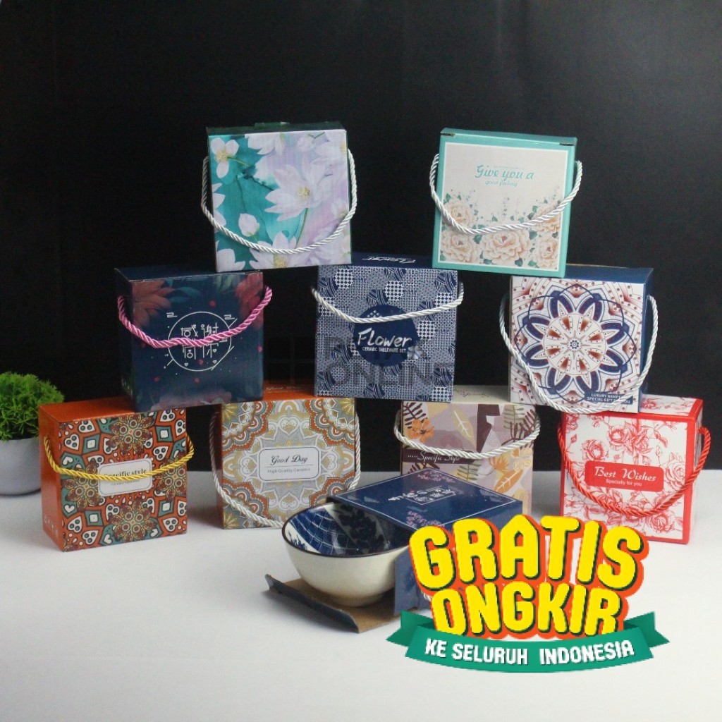 Hampers Mangkok Set Keramik Motif Korea Isi 1 Plus Box/ Coklat Khaki Cream Putih