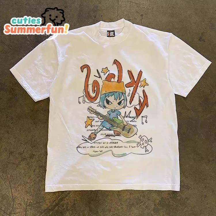 Desain longgar modis ala Korea dengan motif grafiti penyanyi gitar Lengan pendek baju atasan wanita 