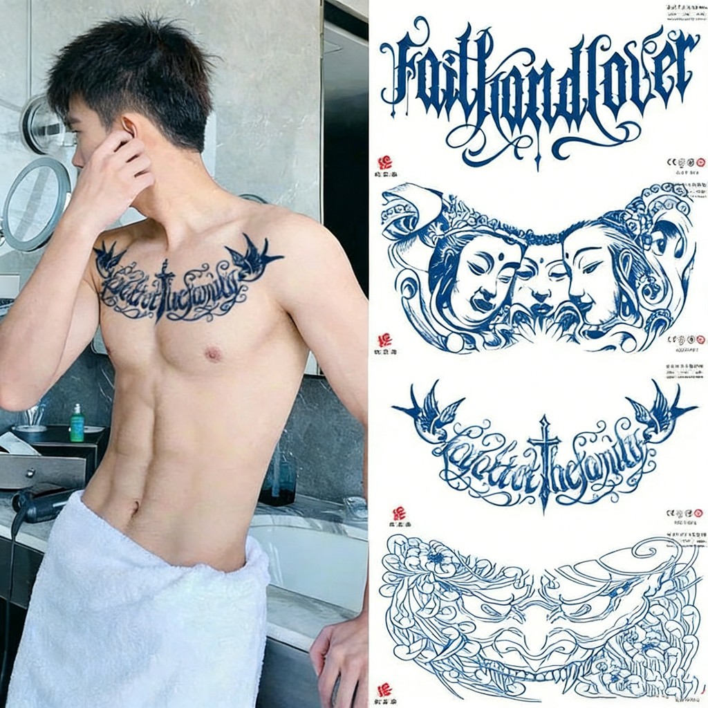 Stiker Tato Sementara  Tato Dada dan Punggung Stiker Tato Tahan Lama untuk Pria Desain Dada dan Leng