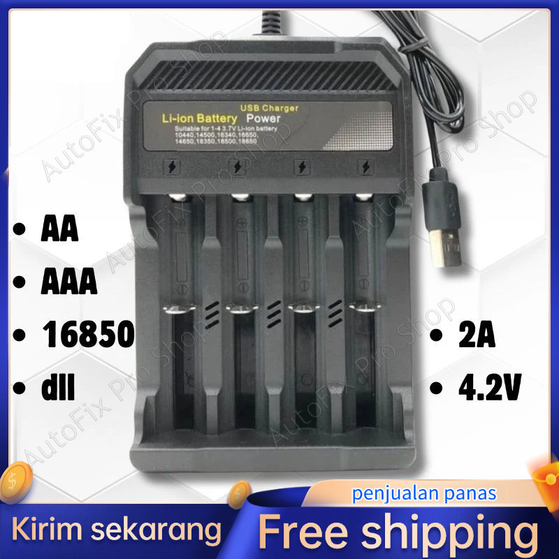 (COD)Alat Recharge Charge Fast Charger Baterai Battery Isi Ulang 4 Slot USB 4.2V 2A AA AAA 14500 183