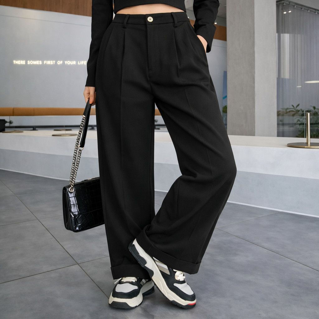 NAYOU - Arin Belted Wide Slacks Celana Panjang Wanita Korea High Waist Wide Leg Belt Detail Office C