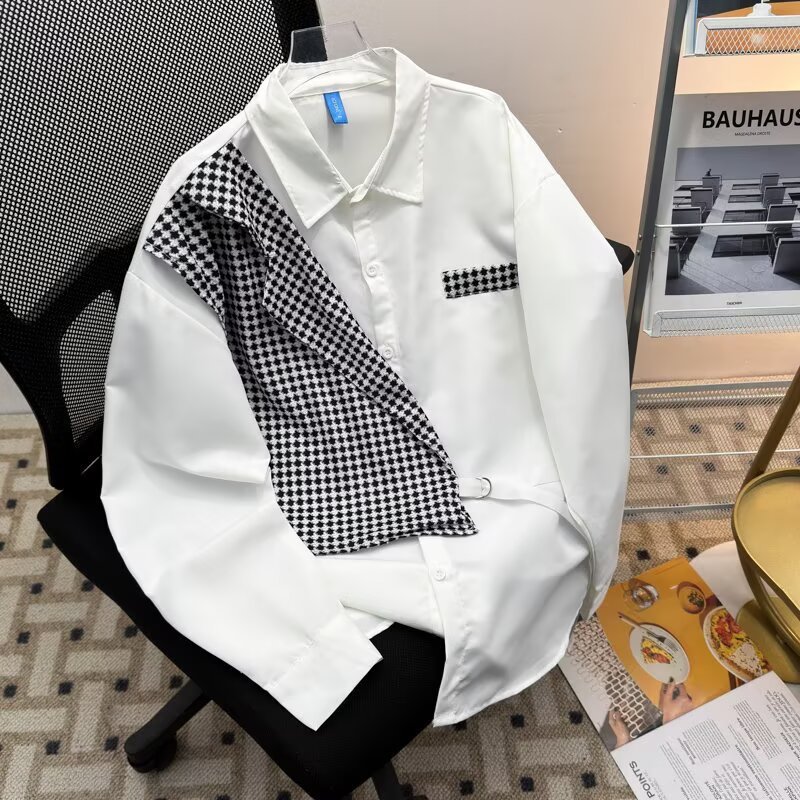 Jaket Kemeja Dua Potong Palsu Lengan Panjang Harajuku Jepang, Kotak-Kotak Serbaguna
