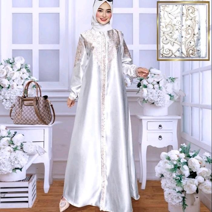 Gamis wanita mewah Sutra Satin Bordir Kekginian Tearu - Putih, M