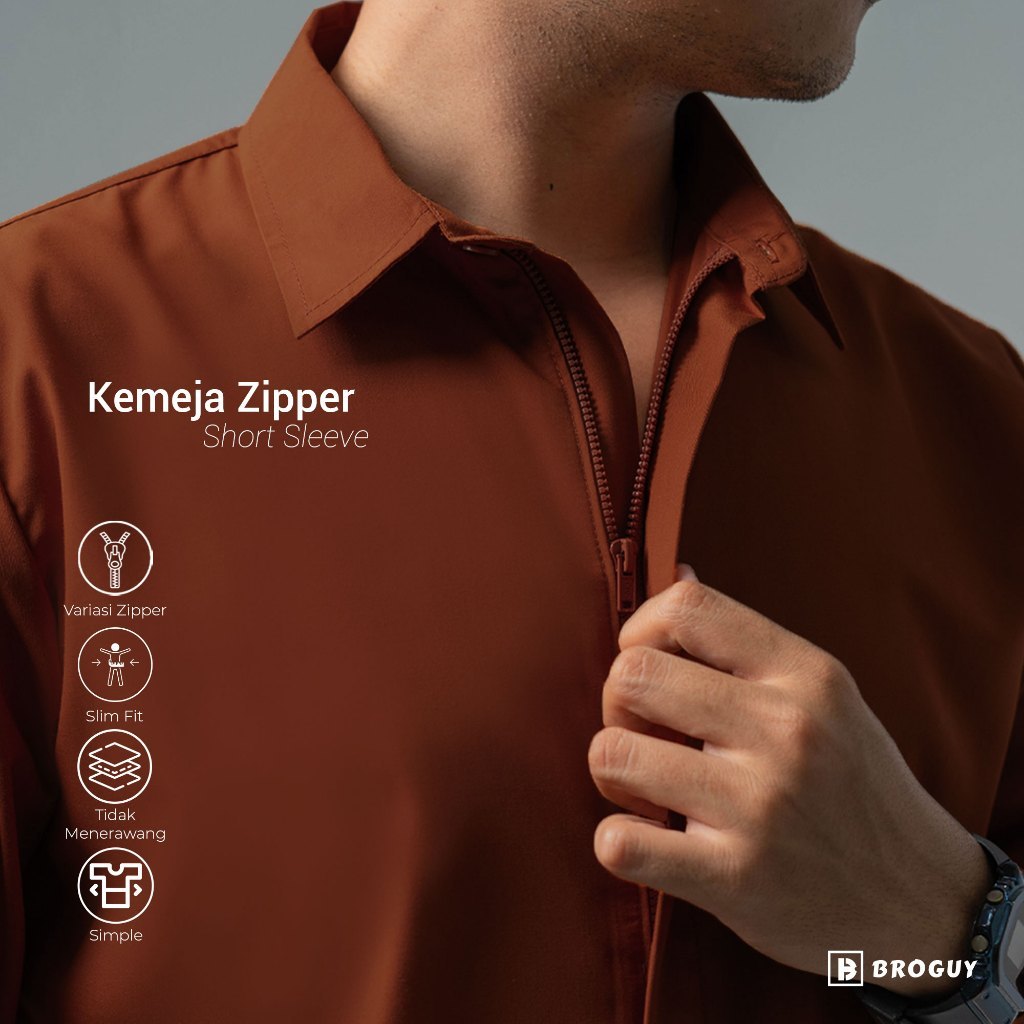FIDERX  BROGUY Kemeja Zipper Pria Simple Lengan Pendek