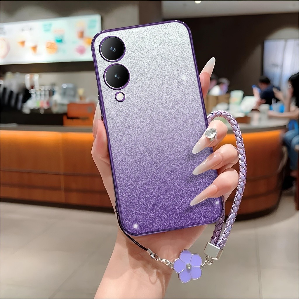 Case Vivo Y17s Casing Luxury Tpu Glitter Free Tali Lanyard Bunga Handphone