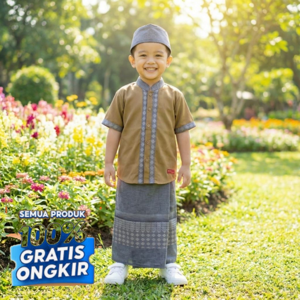 Sarkoci Sarung Koko Celana dan Peci Anak / Setelan Sarcel Anak Motif Katun Toyobo Madinah Motif Leng