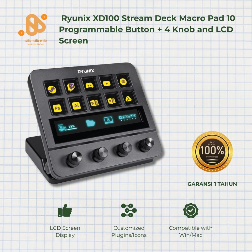 Stream Deck Control Pad RYUNIX XD200 10 Tombol LCD + 4 Knob Kompatibel Windows Mac