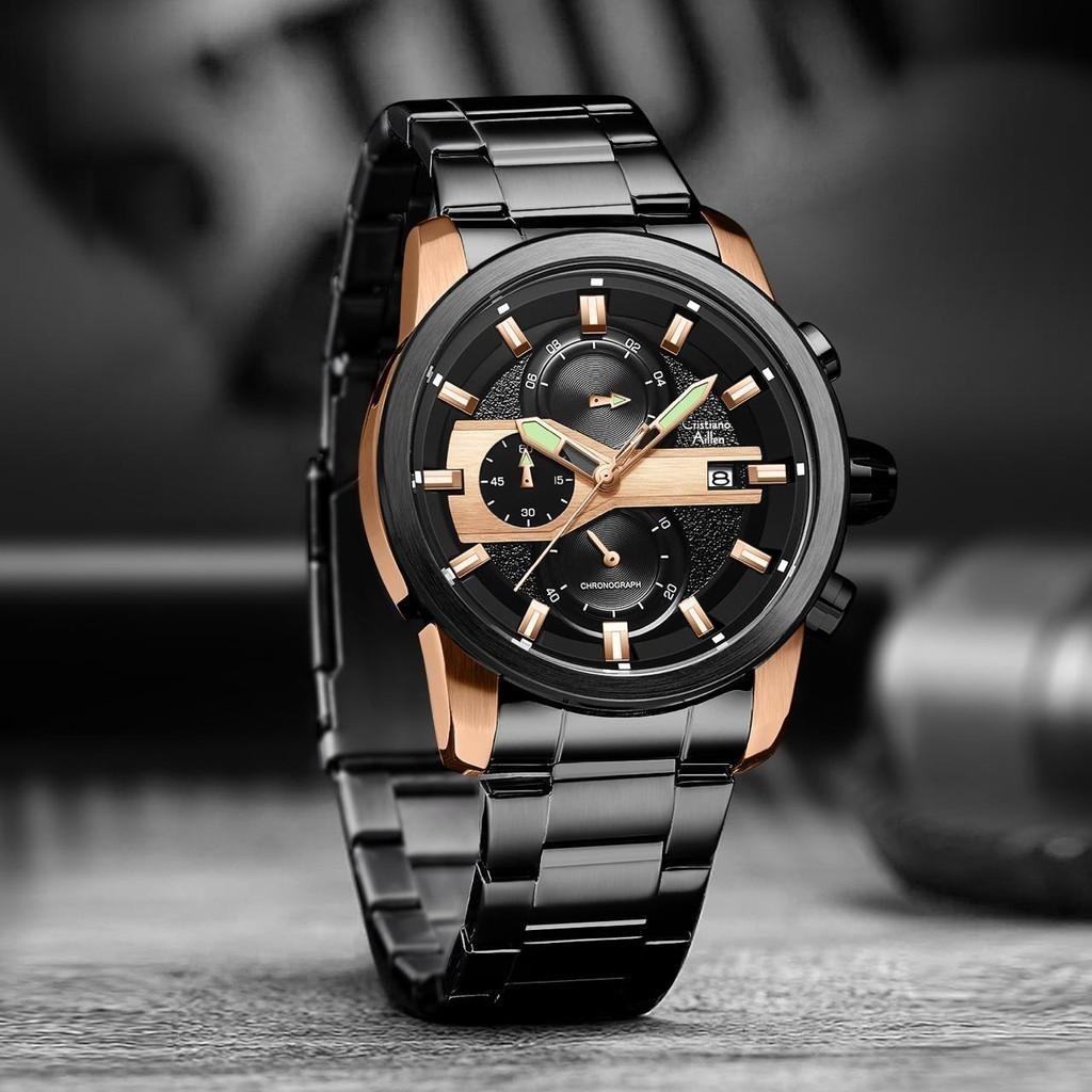 Cristiano Aillen Jam Tangan Pria Analog 8889 Rantai Stainless Steel Chronograph Kaca Sapphire Water 