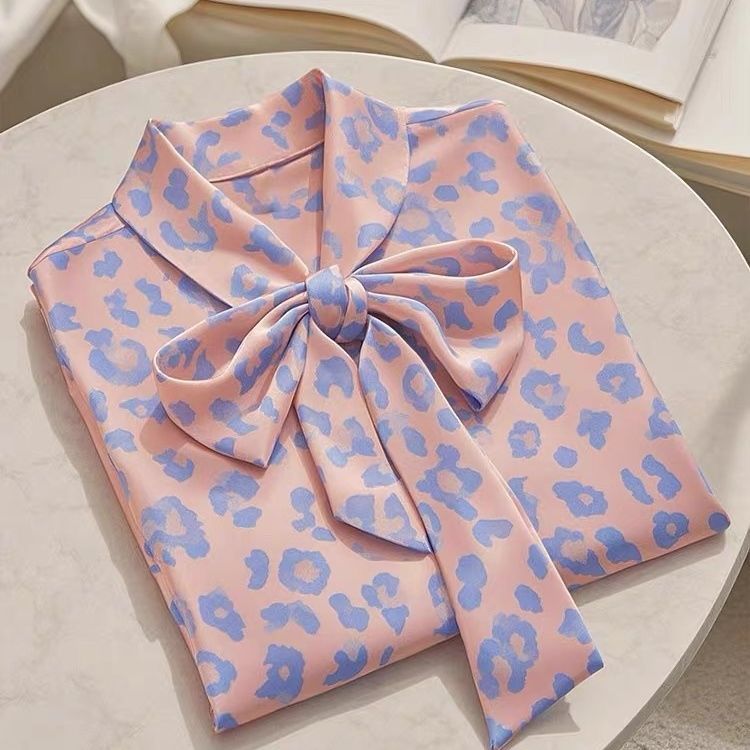 kemeja gaya luar negeri korea, kemeja motif macan tutul satin pink unik untuk wanita